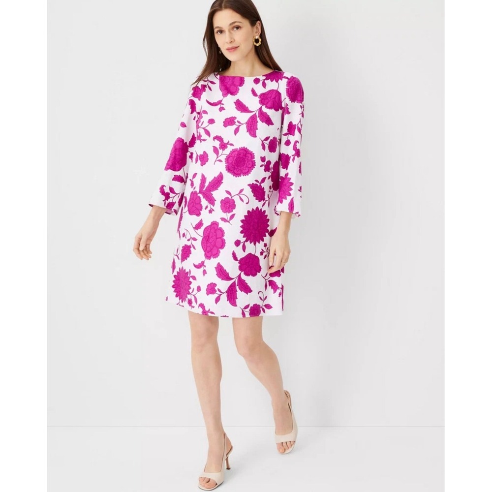 Ann Taylor Floral Linen Blend Shift Dress White Women's Large L